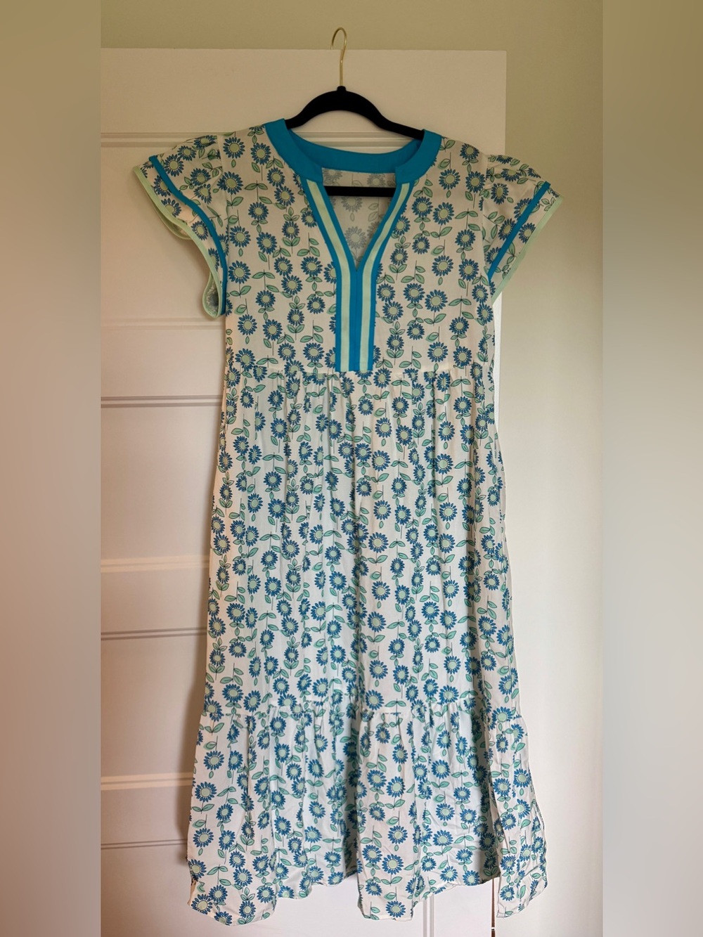 Women’s Summer Blue Floral Flower Printed V-Neck Midi Dress - Size Small